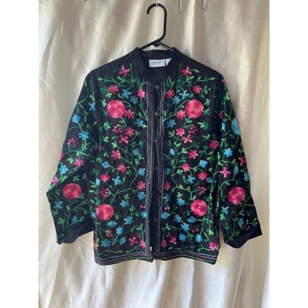 Vtg National Women's Embroidered‎ Cotton Floral Shirt Top Blazer Jacket